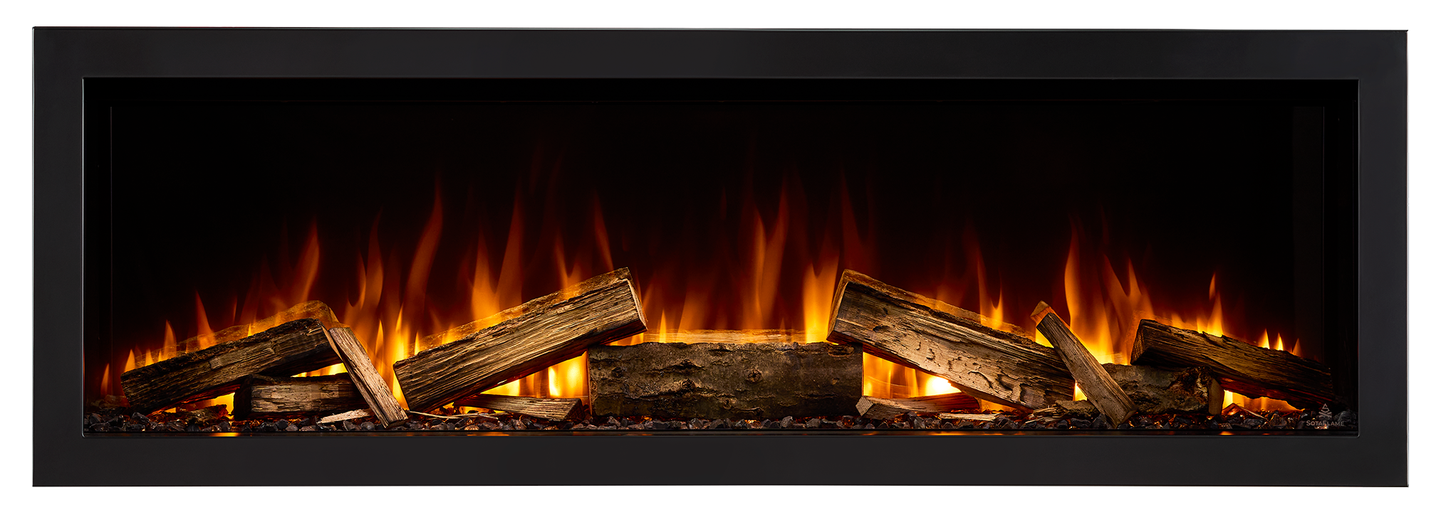 Realistic SotaFlame Nordeast electric fireplace with glowing real wood logs and flames on a black background